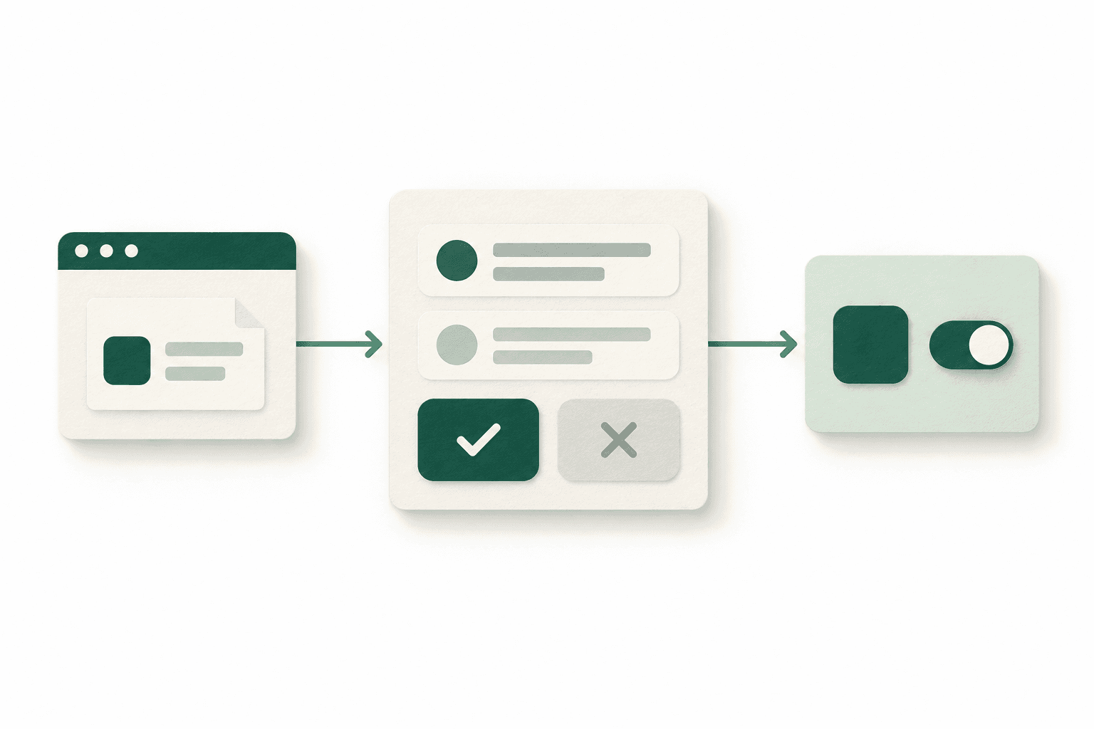 An application request leads to a permission review with approve and decline choices, followed by connection controls.